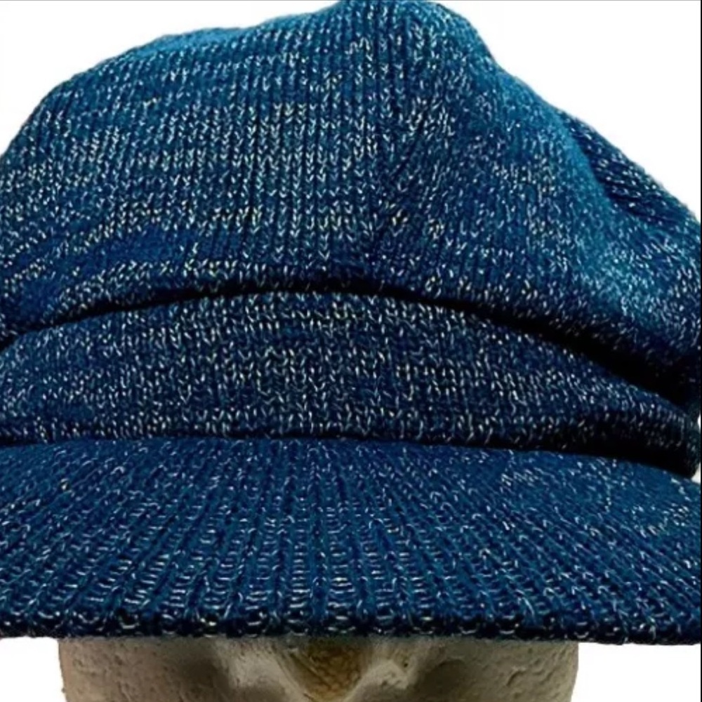Women’s Shimmery Knit Winter Newsboy Cap Hat Blue Silver Lined Elastic Back